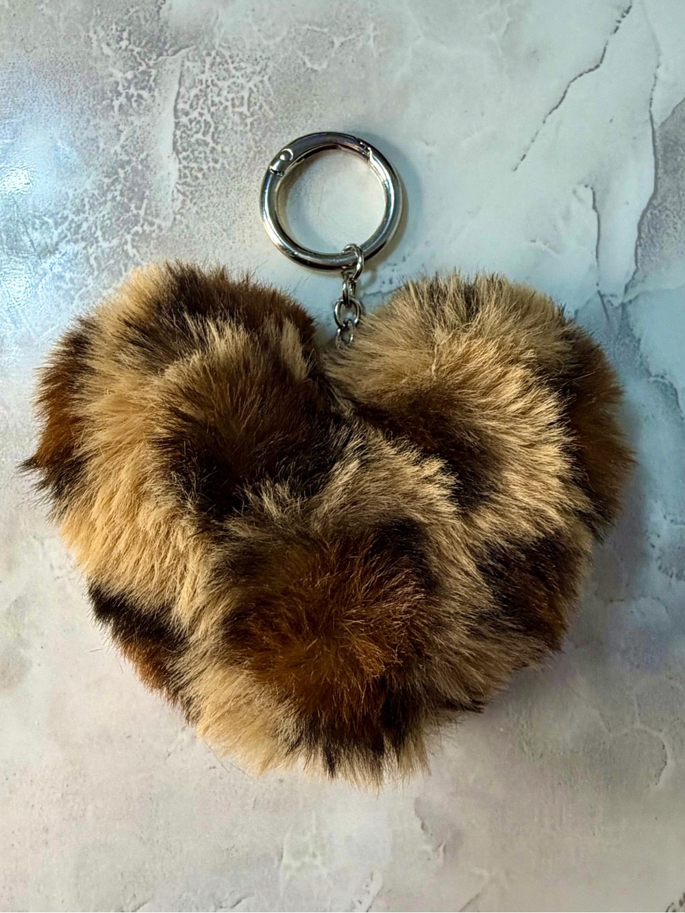 Heart Shaped Leopard Faux Fur Purse Charm Keychain with Silver Hardware